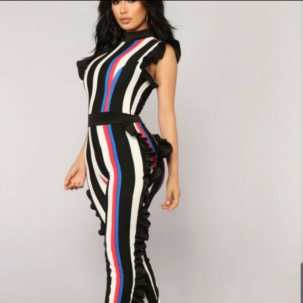 Fashion nova striped ruffle jumpsuit